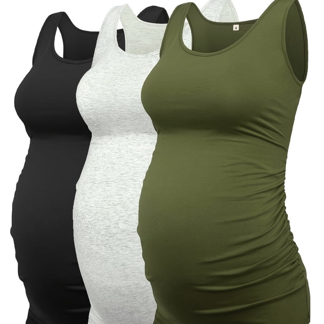 QJUHUNG 3-Pack Maternity Tank Tops - Soft & Stretchy Ruched Side Shirts for Pregnancy - Flattering Sleeveless Basics - Essential Stylish Wardrobe Builder for Expecting Moms
