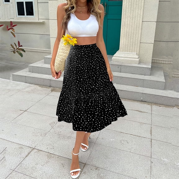 Vedolay Midi Skirts Women's Vintage A-line Printed Pleated Flared Midi Skirt with Pockets,Black XL