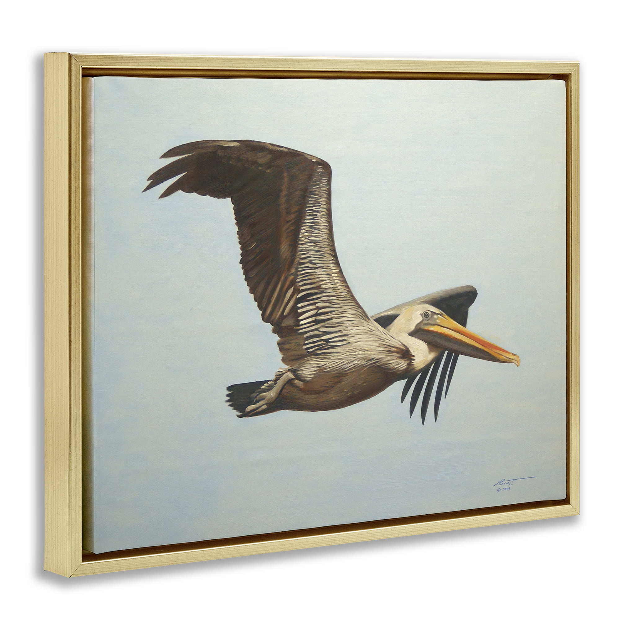 Stupell Industries Brown Pelican in Flight Animals & Insects Painting Gold Floater Framed Canvas Art Print Wall Art, 21 x 17