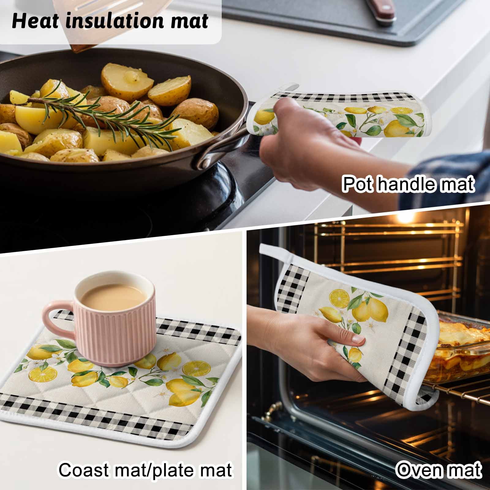 Yellow Lemons Pot Holders for Kitchen Heatproof Potholder, 5 Pack Summer Watercolor Fruits Plaid Hot Pads Multipurpose Oven Pads Cloth Potholders Trivet for Cooking Baking