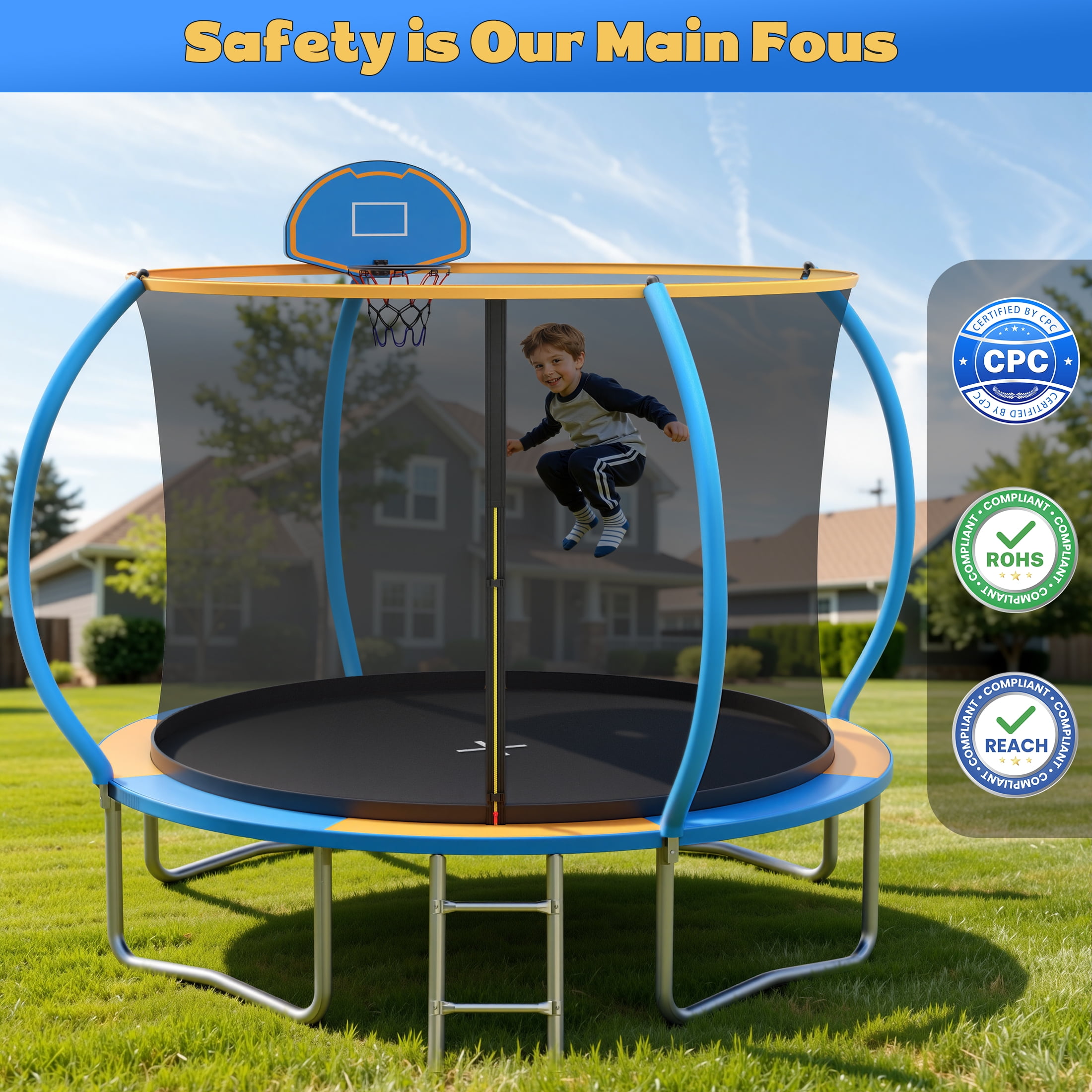 10FT Trampoline with Safe Enclosure Net for Kids and Adults, SEGMART Outdoor Trampoline with Basketball Hoop, Recreational Trampoline with Ladder for Backyard Garden Patio