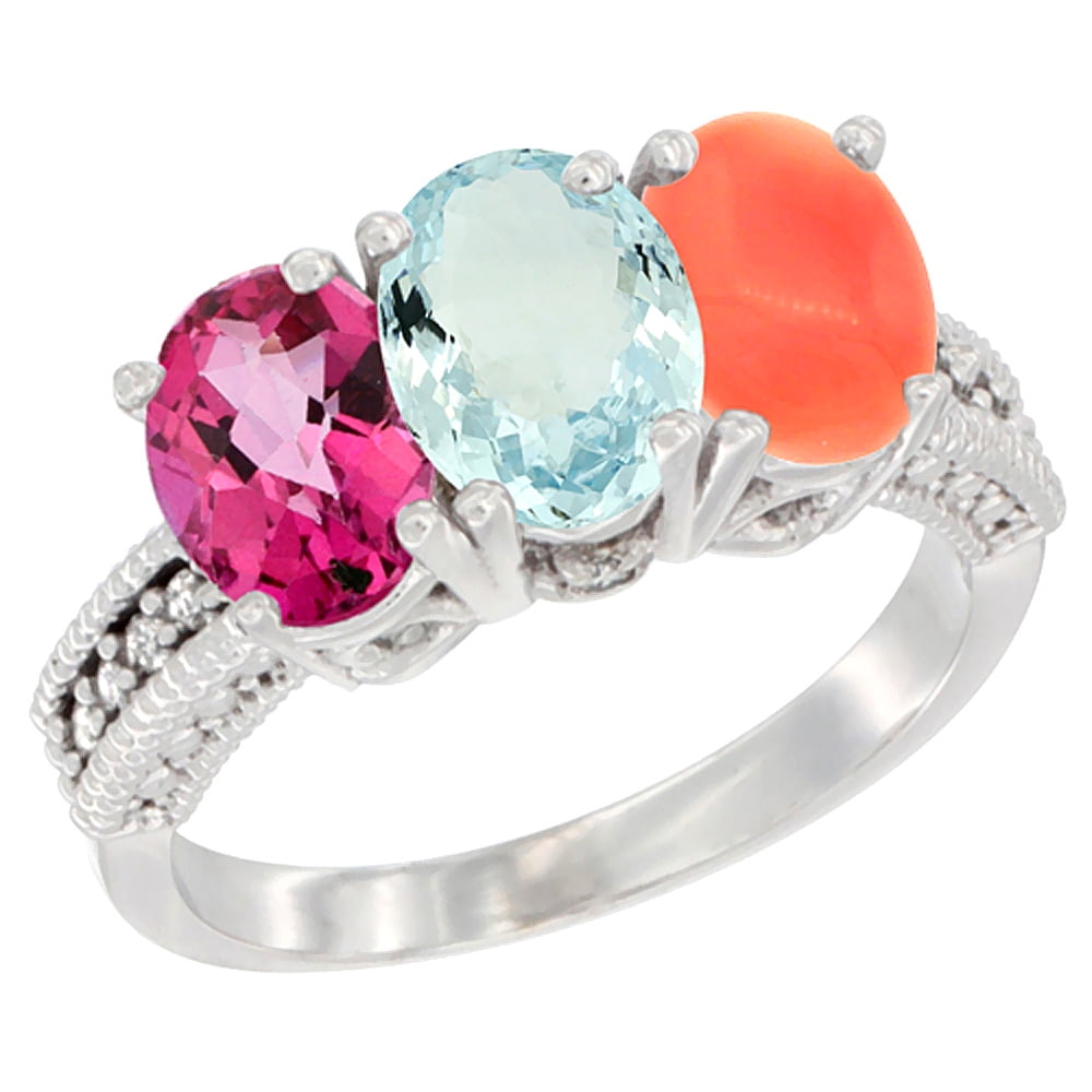 14K White Gold Natural Pink Topaz, Aquamarine & Coral Ring 3-Stone 7x5 mm Oval Diamond Accent, sizes 5 10 by WorldJewels