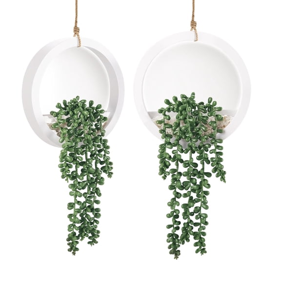 Miracliy 2 pack Artificial Succulents Fake Hanging Plants for Home Decor Boho Wall Living Room Bathroom Office in White Plastic Pots