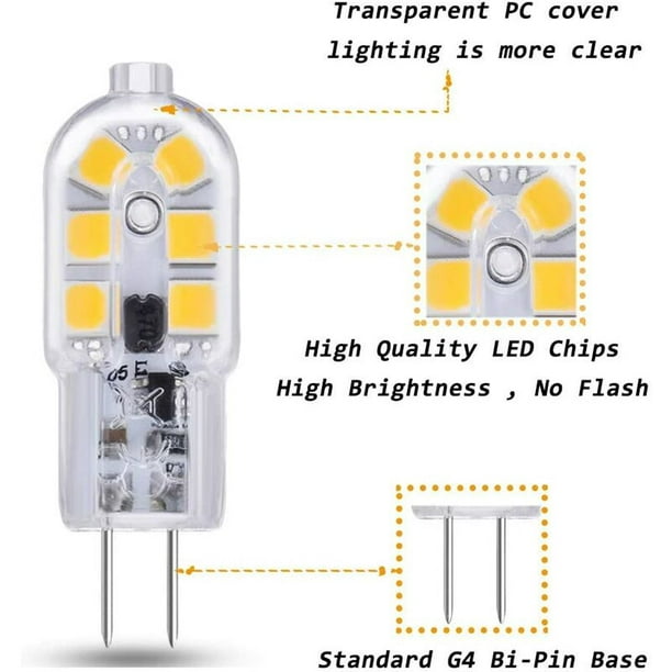 Ampoule G4 LED 12V 2W Blanc Froid 6000K, 200LM, Équivalent Halogène G4  Bi-pin 10W 20W, LED Lampe G4 12V AC/DC pour Camping Car/Hotte Cuisine,  non-dimmable, lot de 10 Guazhuni 