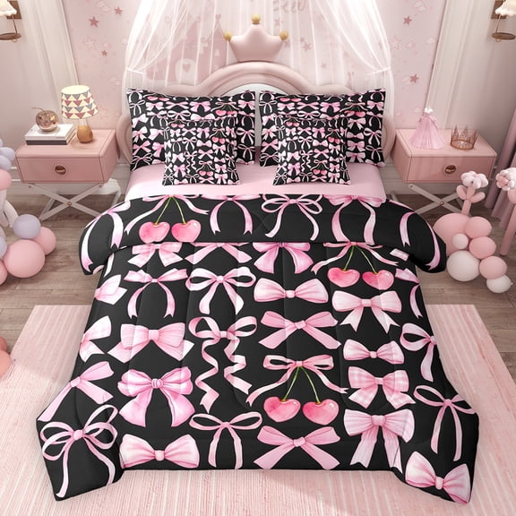 Feelyou Black Pink Bowknot Twin Bedding Sets 7pcs, Ribbon Cherry Bedding Comforter Set