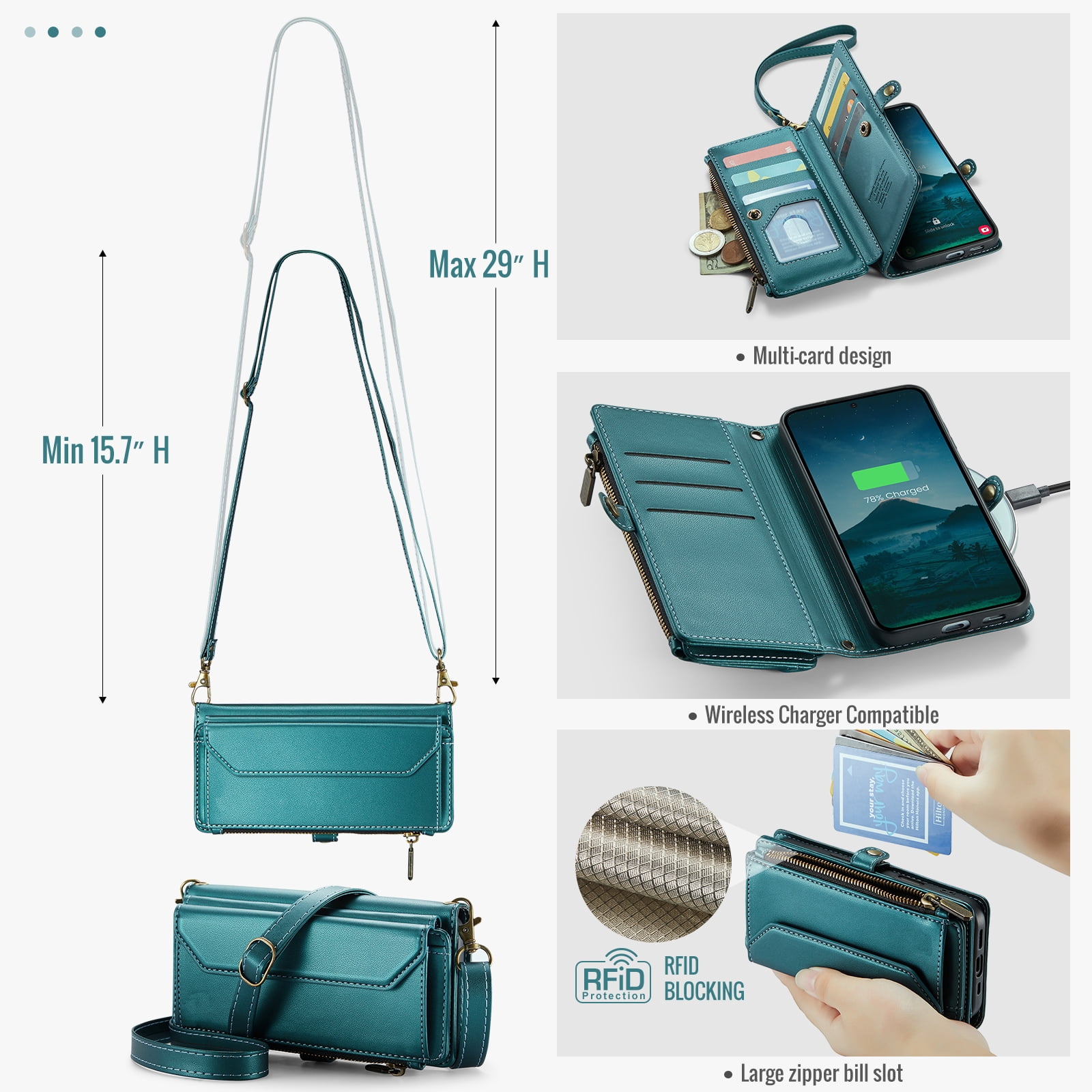 Compatible with Samsung Galaxy S25 Plus S25+ 5G Zipper Wallet Phone Case Tempered Glass Screen Protector Crossbody Lanyard Strap Flip Card Holder Slot Cell Cover for S25Plus 25S + S 25 Women Green