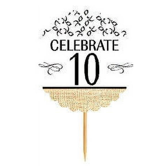 10th Birthday / Anniversary Novelty Burlap Cupcake Decoration Picks -12pack