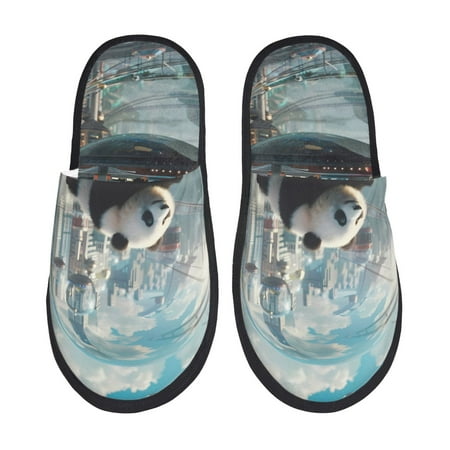 

Disketp Panda In Futuristic City Fuzzy House Memory Foam Slippers Furry Fur Lined Bedroom Shoes Cozy Indoor-Medium