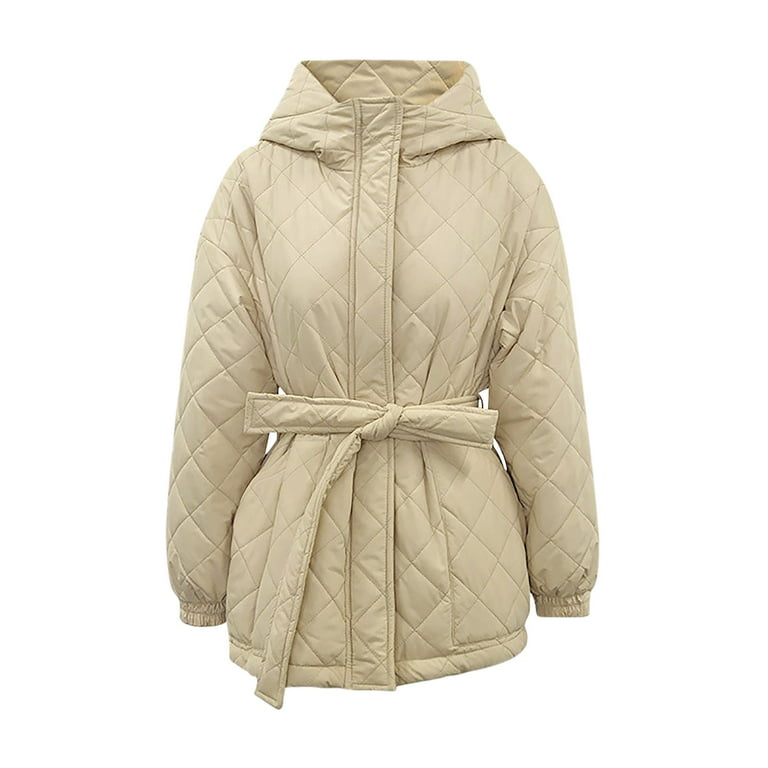 Women Long Sleeve Quilted Jacket Coat Winter Fashion Belted Padded Warm  Hood Puffer Outerwear With Pockets