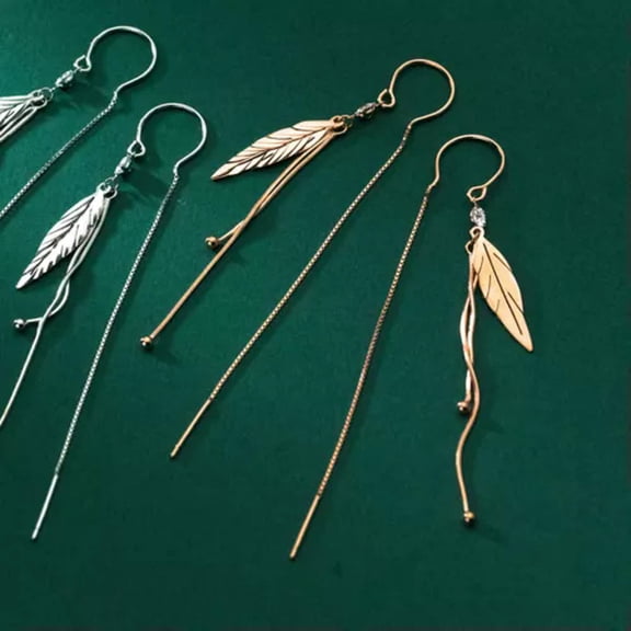 EOEMY Pull Through Threader Leaves Bead Dangle 925 Sterling Silver Tassel Earrings-Silver