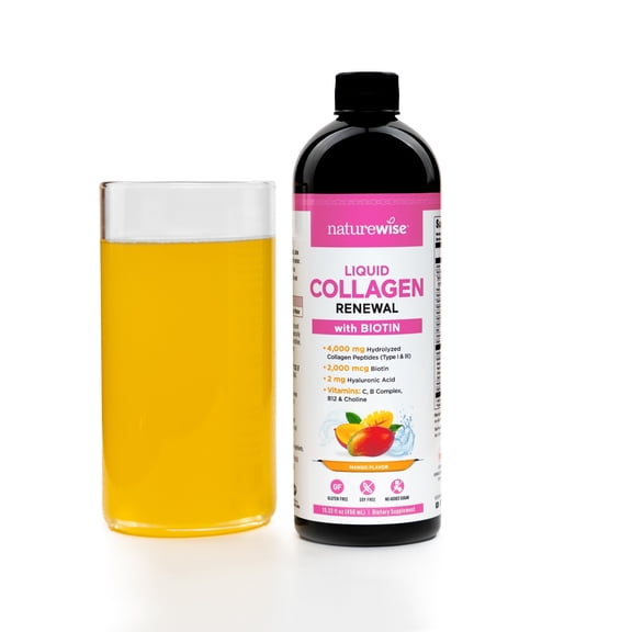 NatureWise Hydrolyzed Liquid Collagen for Women & Men 4000mg - No Added Sugar - Multi Collagen Peptides   Biotin   Vitamin C   Vitamin B Complex & Hyaluronic Acid - Mango - 15.22 fl oz[45 Day Supply]