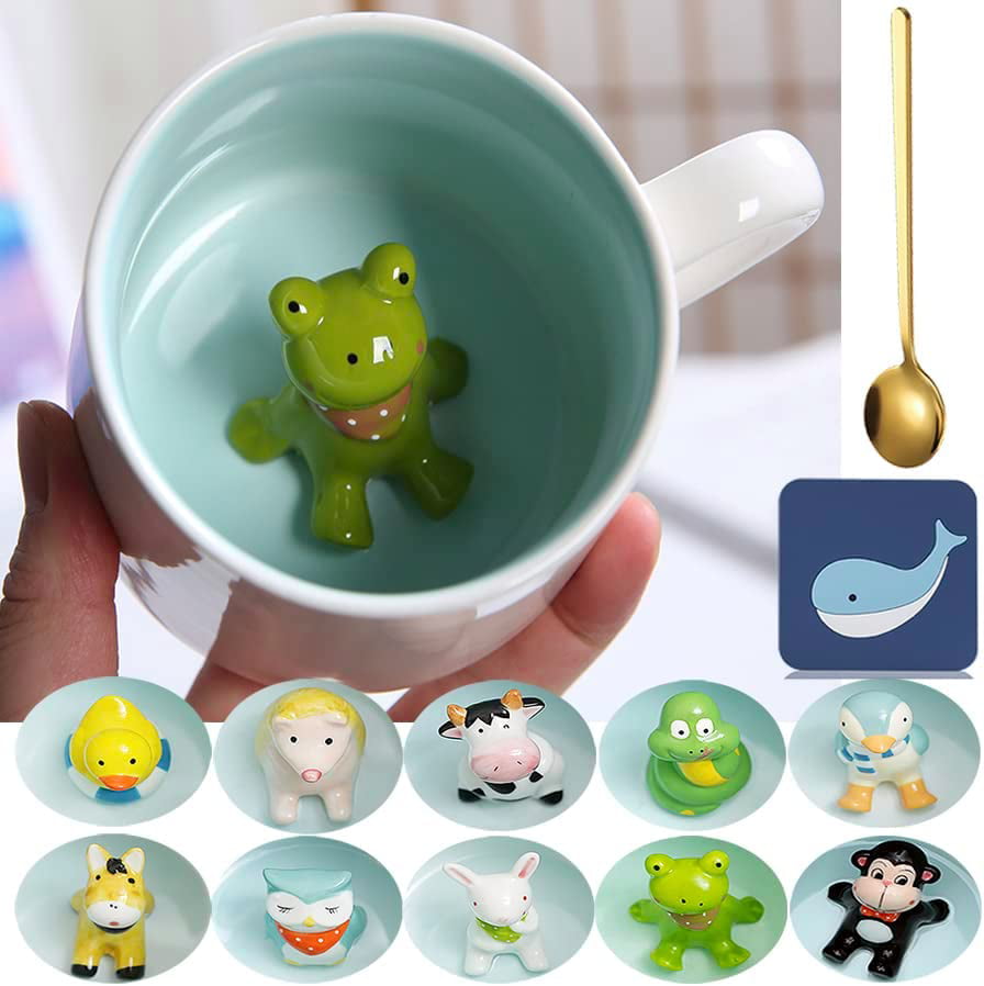 12 oz Frog Coffee Mug and Spoon, Novelty Morning Cup Tea Milk Christmas Coffee Cups 380ml, Cute Coffee Mugs for Women Girl Kids Animal Coffee Mugs