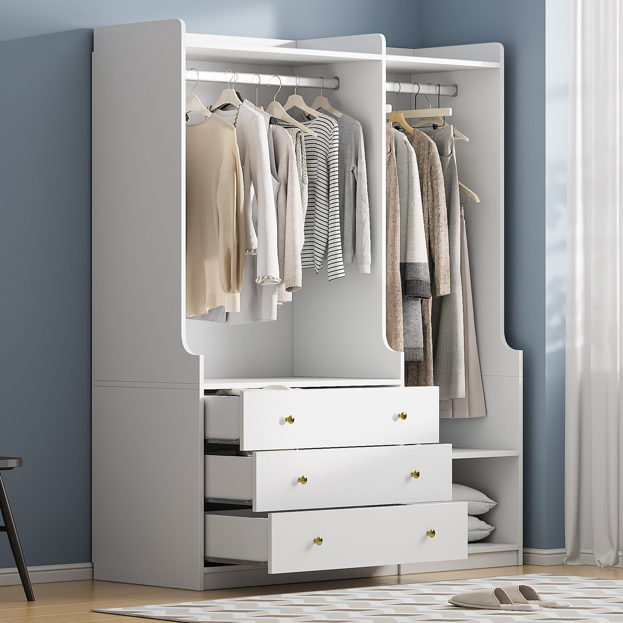 Aukfa Wood Armoire Wardrobe Closet with Hanging Rod & Drawer for Bedroom,White