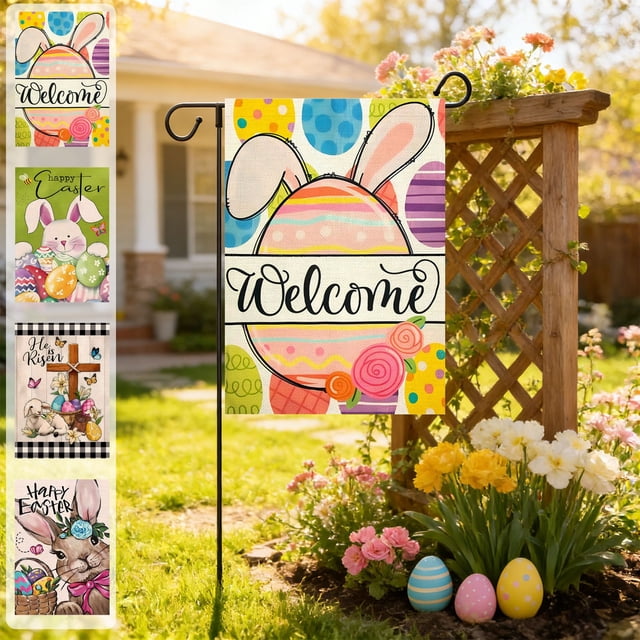 Decoración de huevo de huevo de Pascua con huevos de Pascua con huevos de Pascua, textura natural de lino, banner blanco exterior exterior para el patio interior, 17,7x11,8 in, 1 bandera