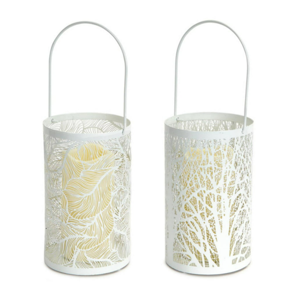 Pack of 4 White Tree and Leaf Cutout Round Candle Lanterns with LED ...