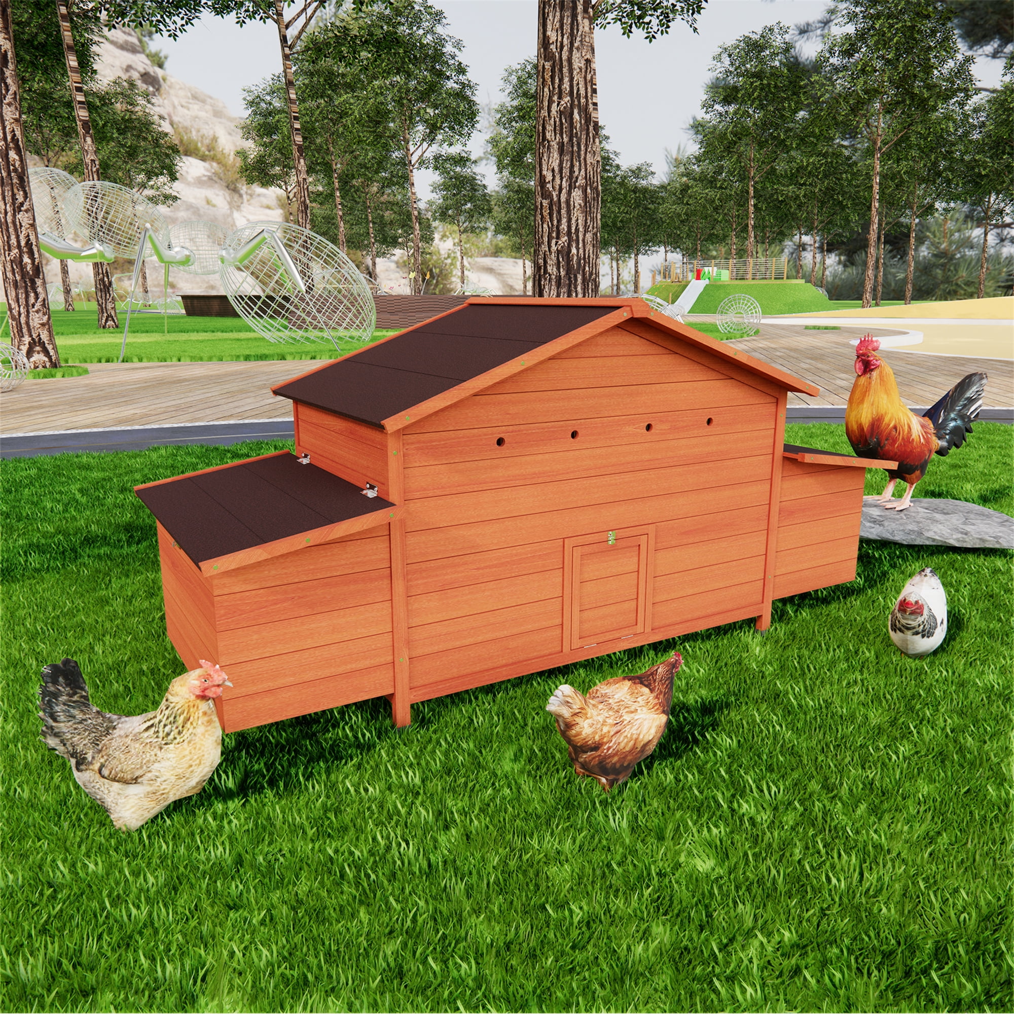 Aukfa 70" Large Chicken Coop Wooden 4 Nesting Boxes Chicken Cage for Outdoor, Backyard, Brown