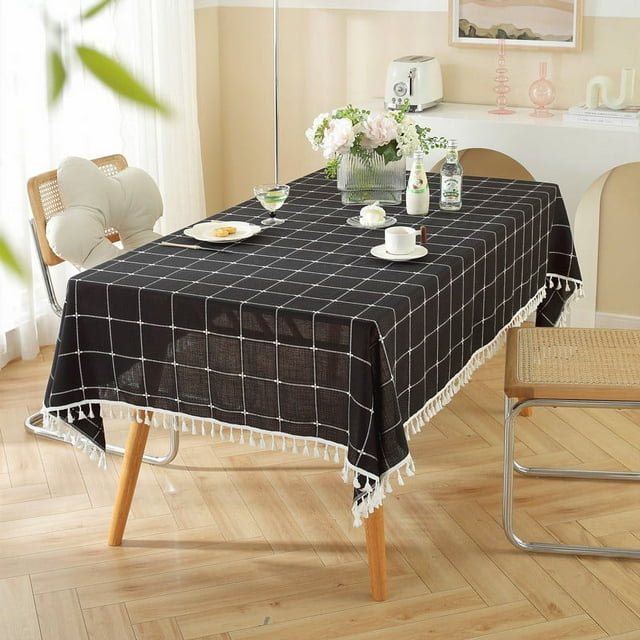 XmhyTop-A new solid color checkerboard waterproof and dustproof dining table cloth rectangular fabric dining table and coffee table cloth decoration (black, 200 * 140cm)