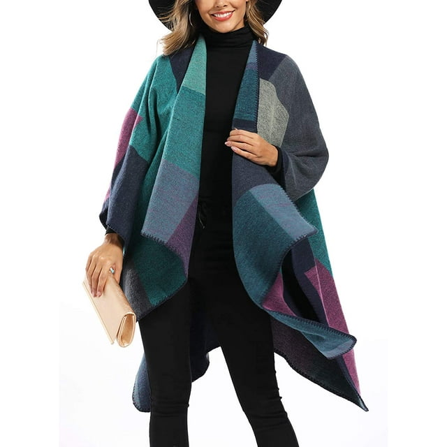 Women's Color Block Shawl Wrap Plus Size Cardigan Poncho Cape Open Front Long Winter Sweater Coat