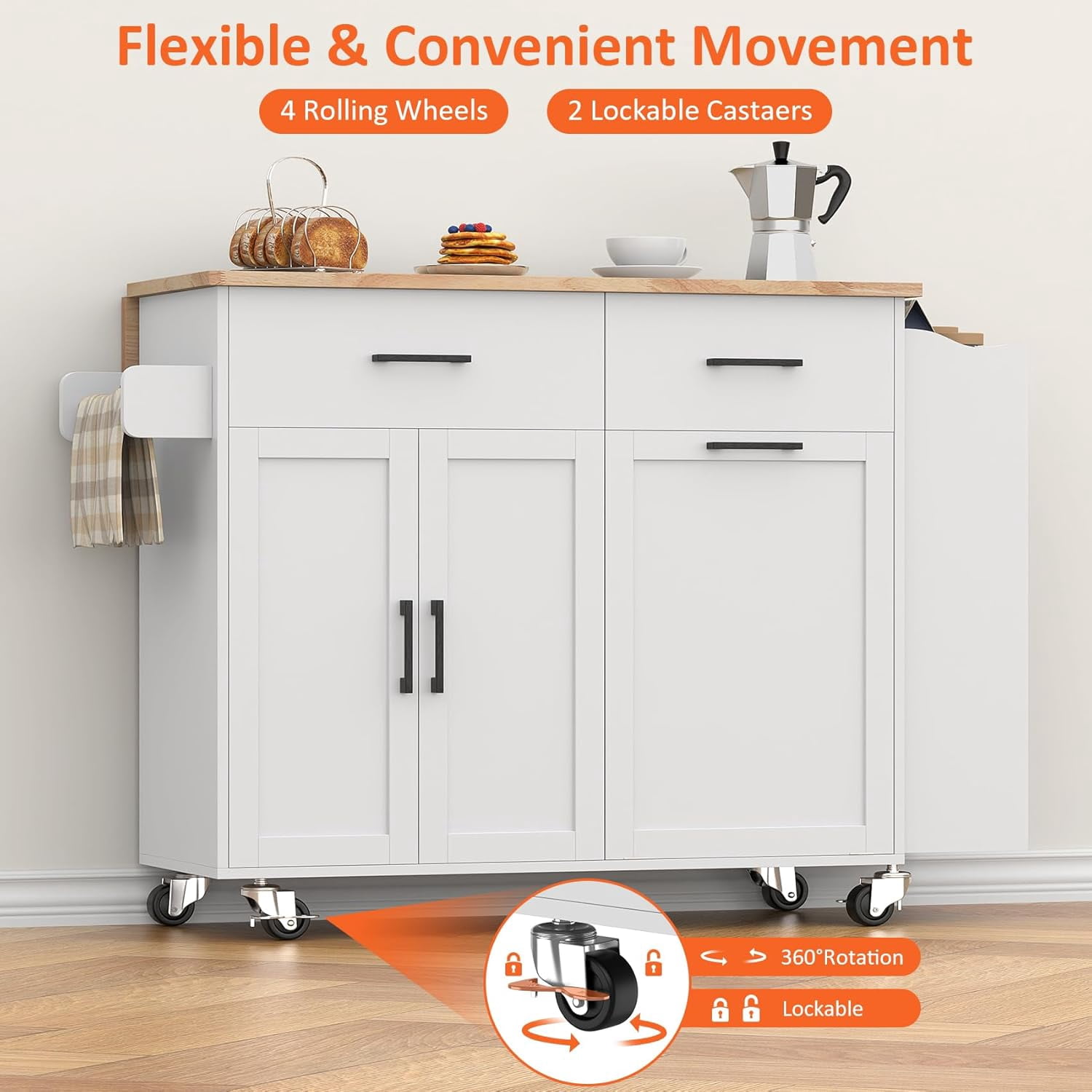 Frmobepts Rolling Kitchen Island with Drop Leaf, Tilt Out Kitchen Trash Cabinet 10 Gallon Storage, Kitchen Cart Island with Rubber wood Top, Spice Rack and Drawers,White
