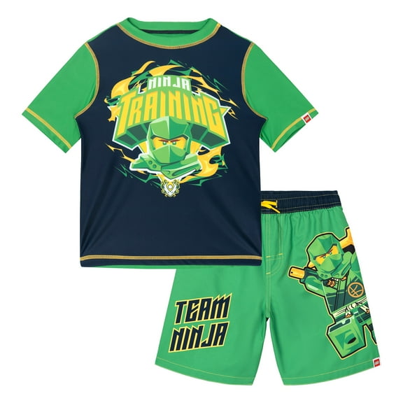 Lego Ninjago Green Ninja Rash Guard and Swim Trunks UPF 50  Outfit Set Little Kid to Big Kid