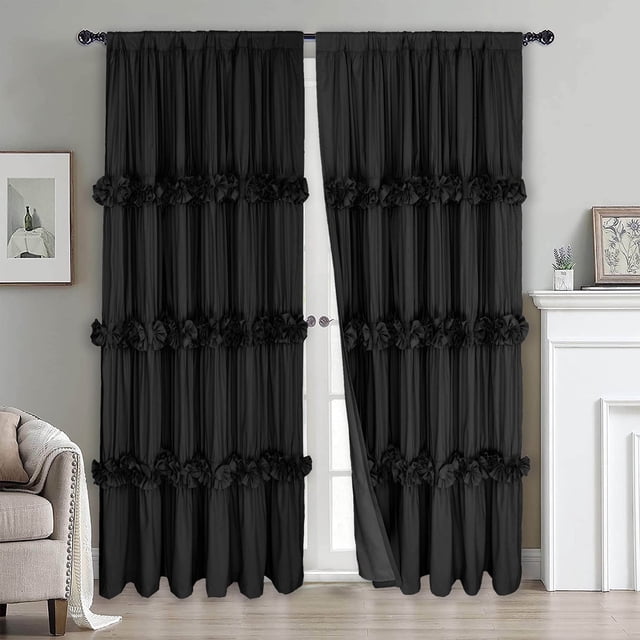 HIG Cortinas Blackout Uptown con Estampado Geométrico, Modernas, Color Negro Liso, con Bolsillo para Barra, 137 x 213 Cm (2 Paneles)