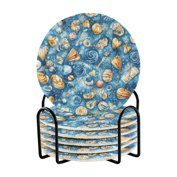 Fantastic Shells on Sea Coasters with Holder for Coffee Table 6 Pcs Drink Coaster Sets Absorbent for Home Decor 4 inch
