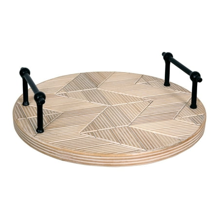 

12 Brown Carved Natural Wood Decorative Round Tabletop Tray