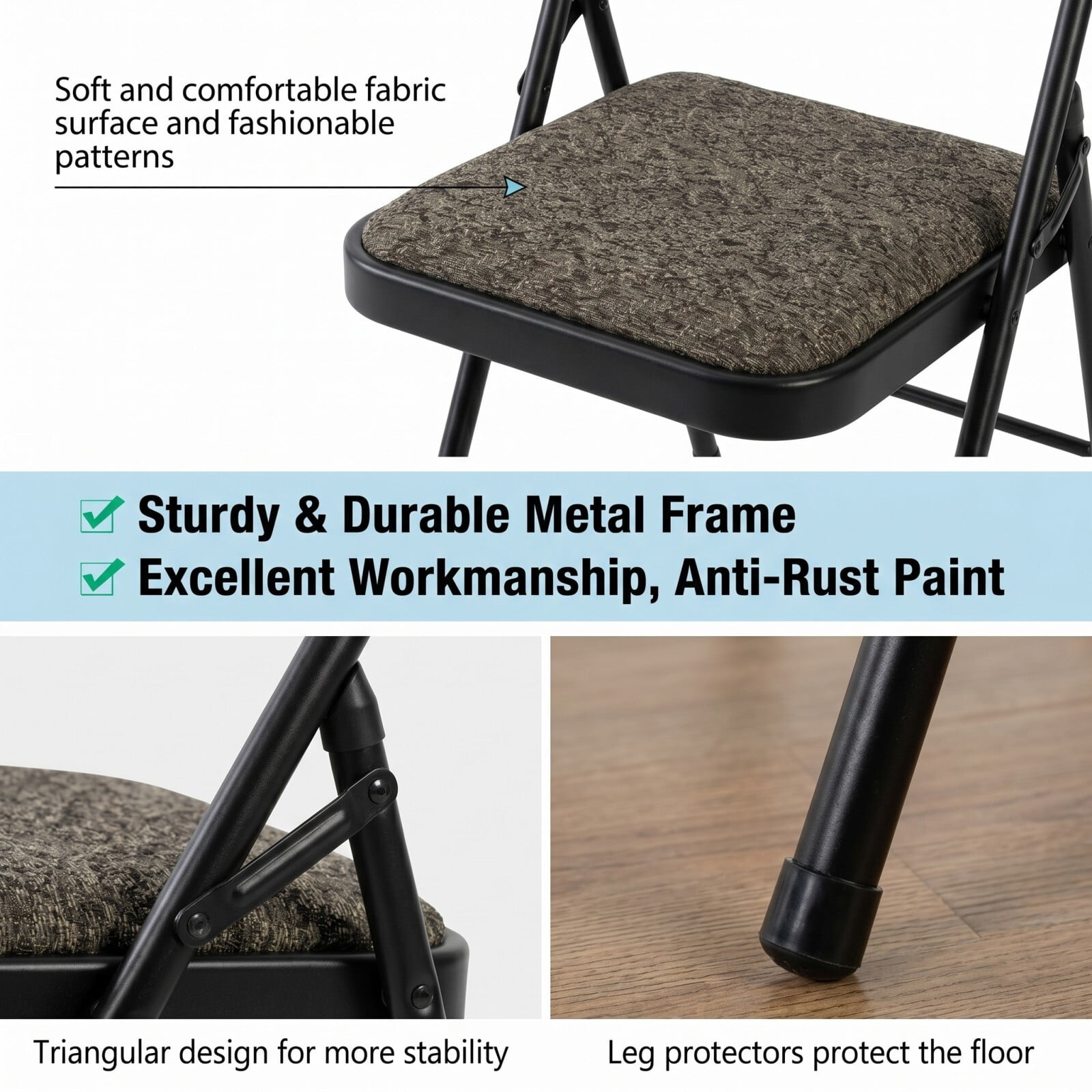 Kelno Folding Chair Set of 2 Fabric Padded Guest Chairs with Lightweight Sturdy Metal Frame, Black Gray
