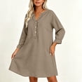 thumbnail image 4 of Levmjia Womens Solid Cotton Linen Midi Dress V Neck Button Long Sleeve Loose Casual Shift Dress Lightweight Breathable Dress Daily Vacation Casual Outdoor, 4 of 7