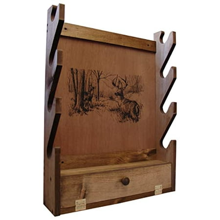 Four-Gun Fully Assembled Wall Mount Wooden Gun Display Rack with Cabinet Storage Compartment for Accessories - Deer Print