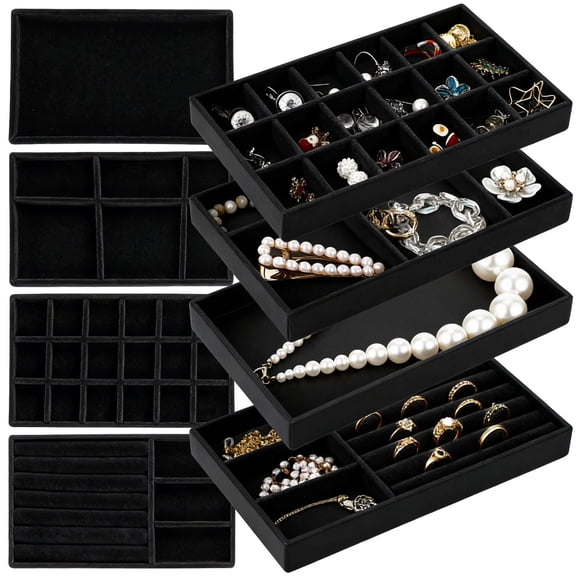 8 PCS Jewelry Drawer Organizers, Velvet Jewelry Tray for Drawer, Multiple Compartment Layouts, Detachable Divider, Stackable Trays for Rings, Earrings, Bracelets, Necklaces