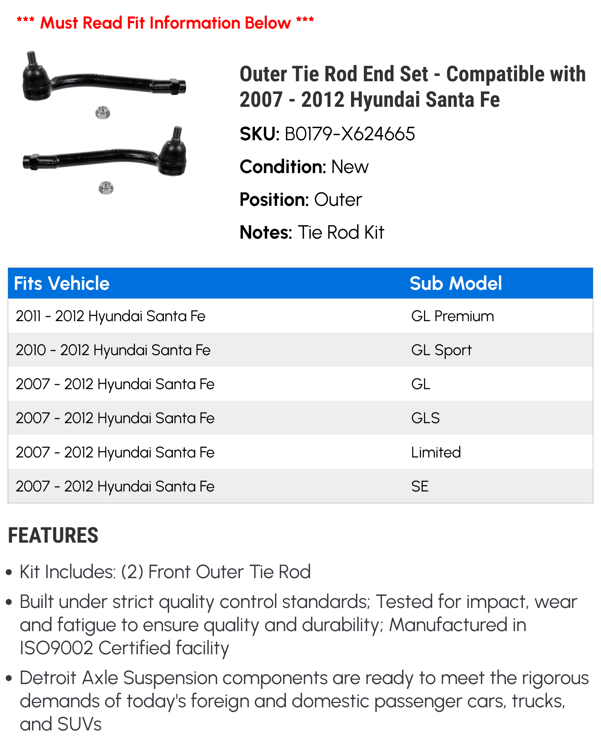 Outer Tie Rod End Set - Compatible with 2007 - 2012 Hyundai Santa Fe 2008 2009 2010 2011