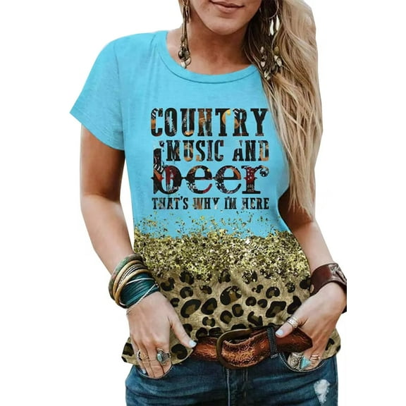 Country Music and Beer That's Why I'm Here Shirt Women Summer Drinking Shirt Country Girl Beer Leopard Short Sleeve Tops