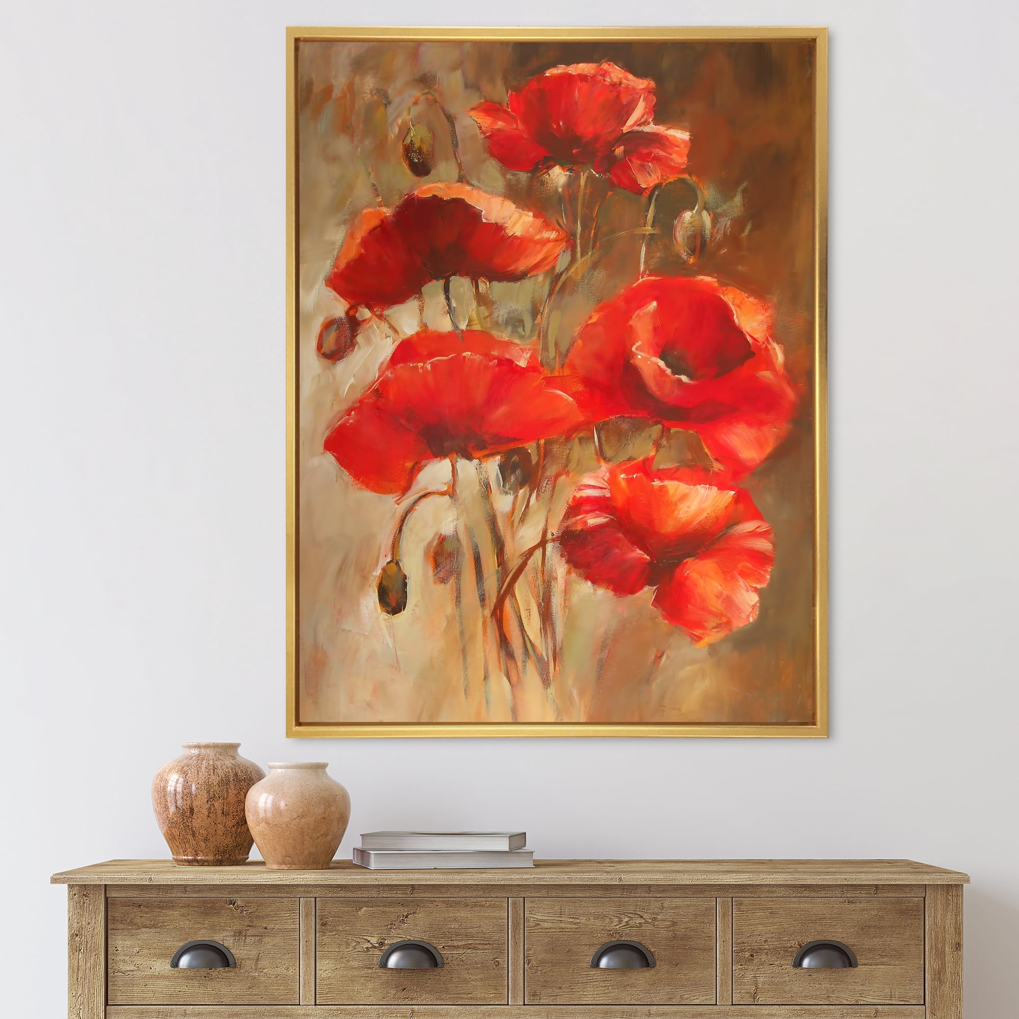Designart 'Red Blossoming Poppies Over Wild Brown II' Traditional Framed Canvas Wall Art Print