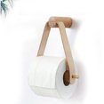 thumbnail image 1 of Portarrollos de papel higiénico de madera, portarrollos de papel higiénico de pared retro, cocina, baño, inodoro, nórdico, madera de haya, mango de cobre, cuero (blanco), 1 of 5
