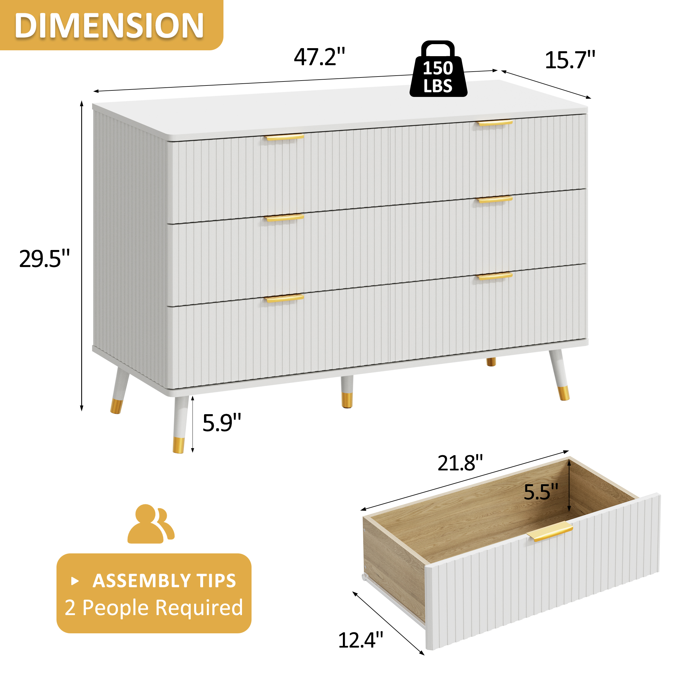 YouTrend 6 Drawer Dresser with Metal Handles Modern Fluted Wood Dresser Adult Storage Chest of Drawers for Bedroom Living Room Hallway,White
