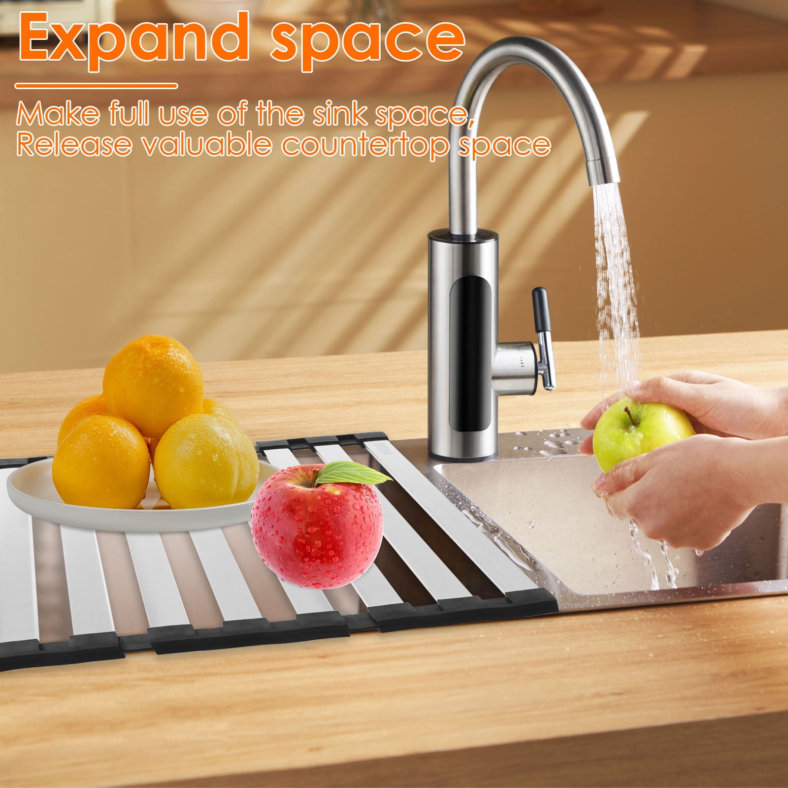 Ikoopy Foldable Roll Up Dish Drying Rack Multipurpose Silicone and Stainless Steel Over Sink Drying Rack for Home Kitchen Sink Counter