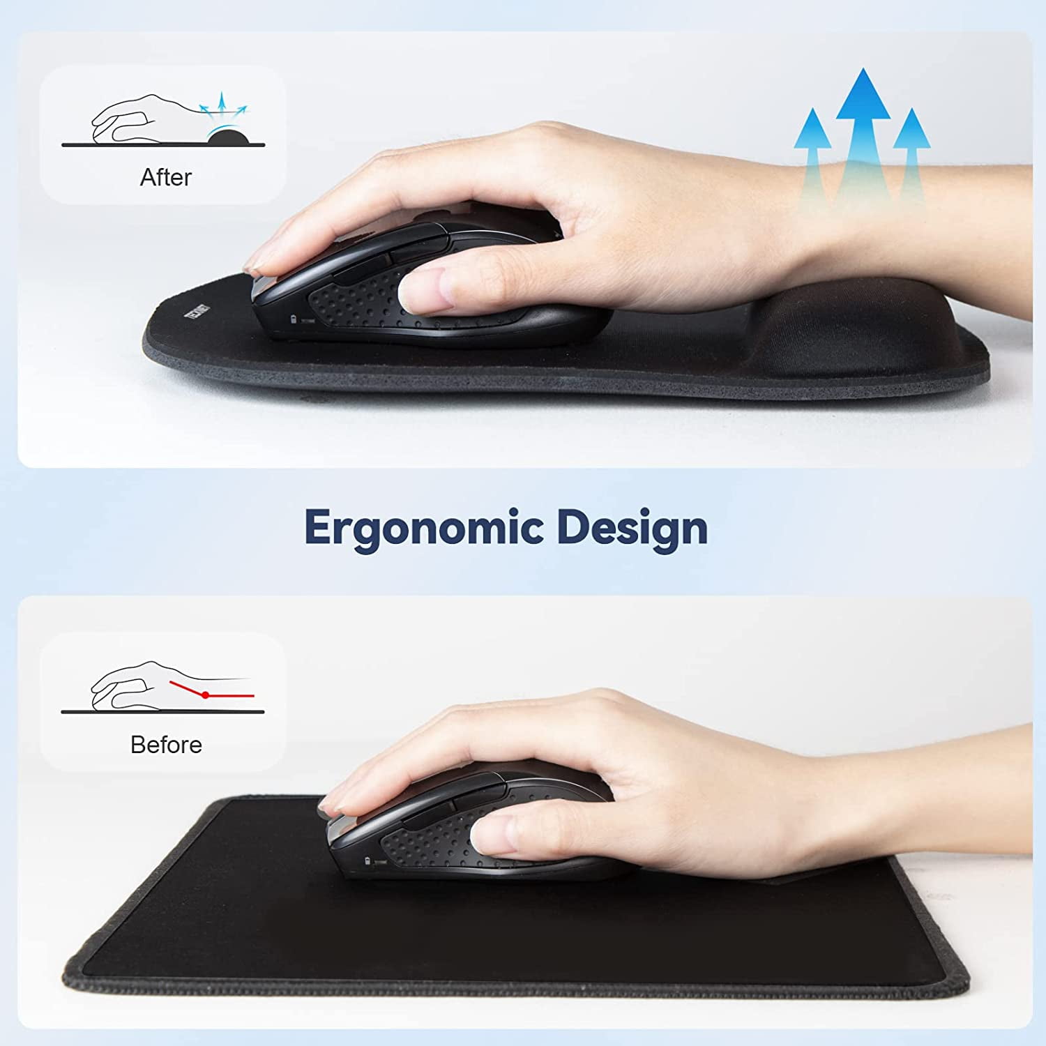 Mouse Pad with Wrist Support, Ergonomic Gaming Pain Relief, Portable Comfortable Mousepad for Computer, Laptop, Office, Home and Travel, Non-Slip Base, Waterproof Surface, Black