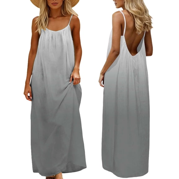 Husipze Backlesss Maxi Dress for Women Gradient Sleeveless Cami Sundress Loose Long Dress for Summer Beach Gray XL