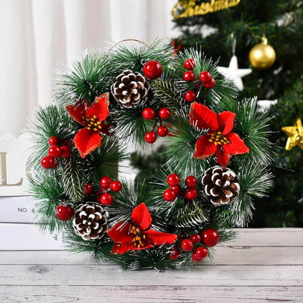Wreath Red Poinsettia Artificial Floral Holiday Christmas Home Walls Doors Decor 