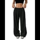thumbnail image 3 of Pantalones Deportivos Rectos de Pierna con Cintura con Cordón para Mujer, Pantalones Casuales Holgados y Largos de Verano. Negro XL, 3 of 9
