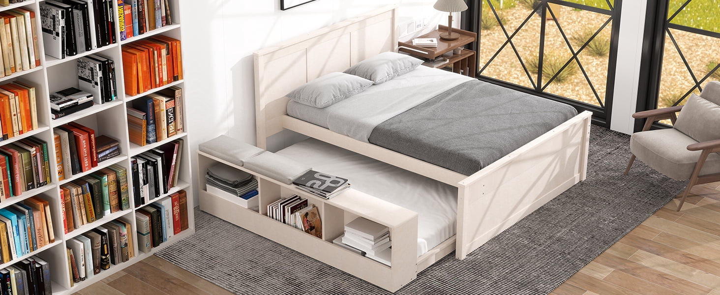 Mintazer Full Platform Bed with Pull-Out Trundle, Modern Bookcase Bed with Storage Cabinet, No Box Spring Needed, White