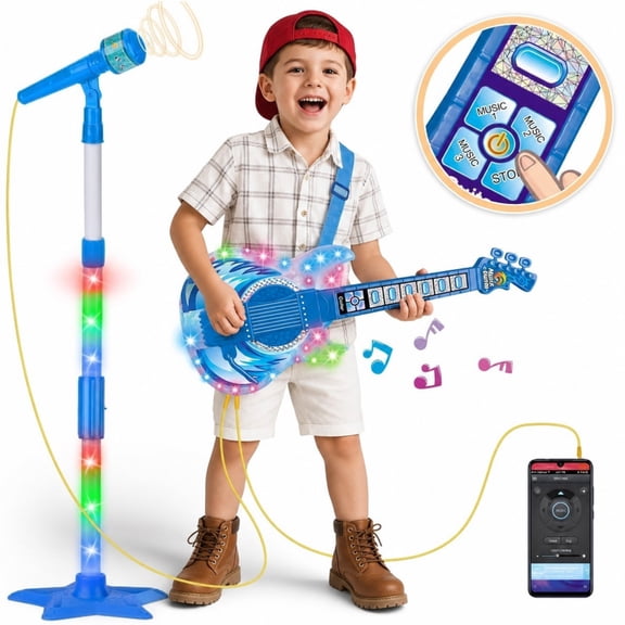 LieGorJi Guitar and Microphone Play Set, Karaoke Machine for KIDS, Adjustable Height Guitar Toys for Toddlers, Ideal Gifts for 1-3 3-5 5-8 Year Old