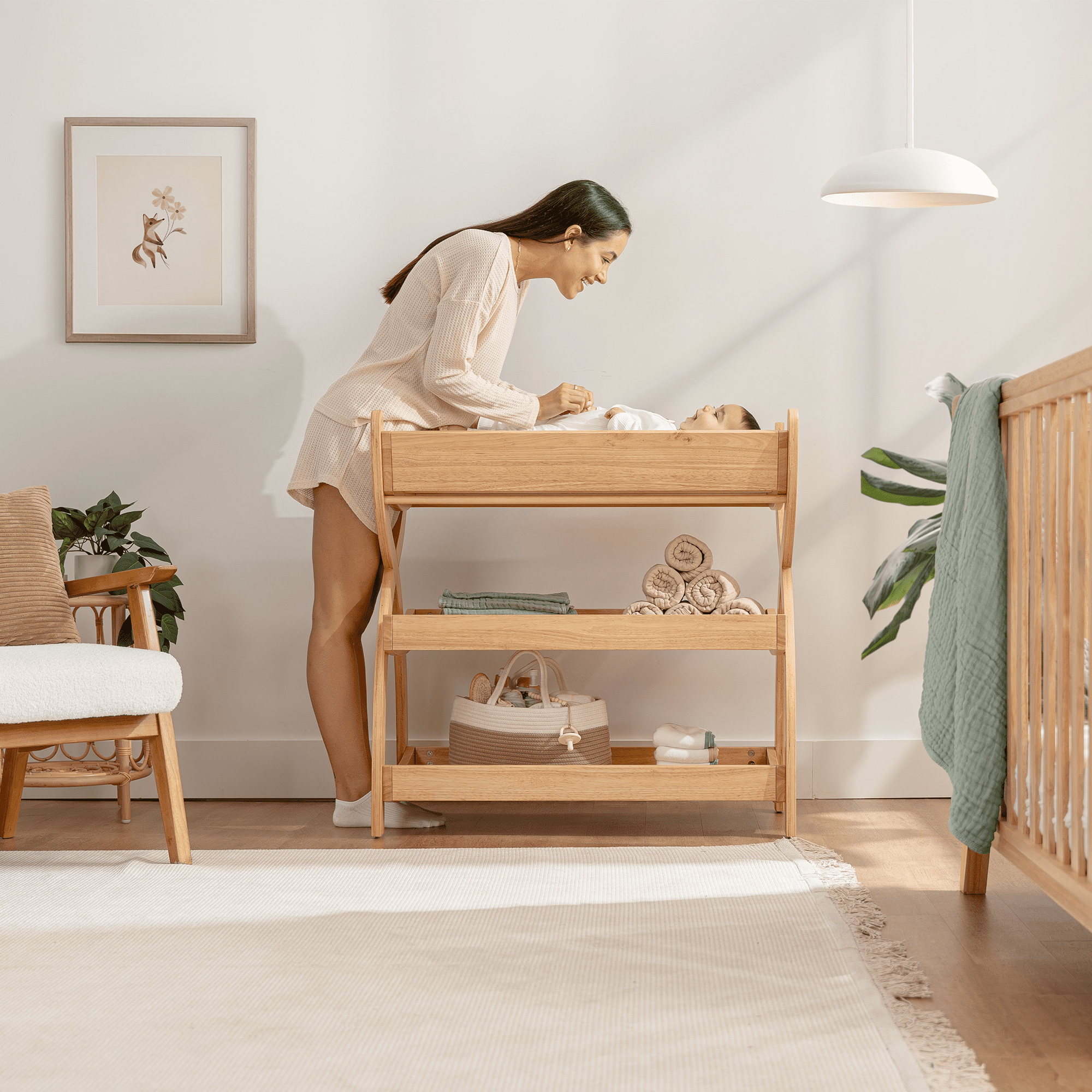 Comfy Cubs Baby Changing Table with Two Open Shelves for Storage - Natural Wood