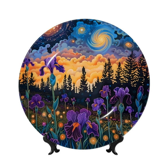 Picia Cosmic Irises At Twilight Pattern Bone China Decorative Plate – Wall Decor with Stand and Adhesive, Elegant Ornament for Living Room, Office, or Entryway-6in