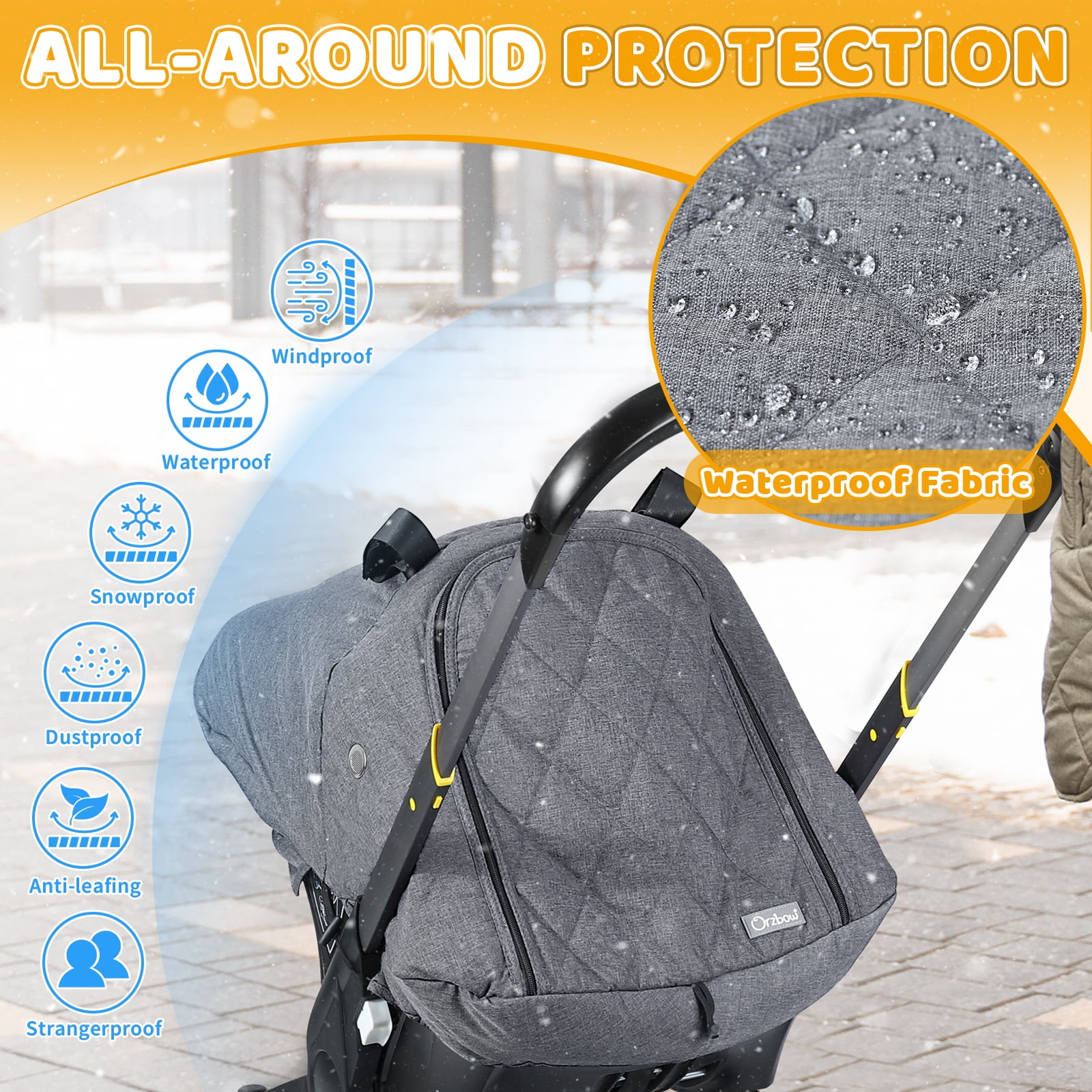 Orzbow Winter Baby Car Seat Cover with Front Zipper Door, Cold Weather Carseat Cover Canopy, Side Breathable, Rain, Snow and Wind Proof Car Seat Carrier Canopy Cover, Machine Washable, Light Grey