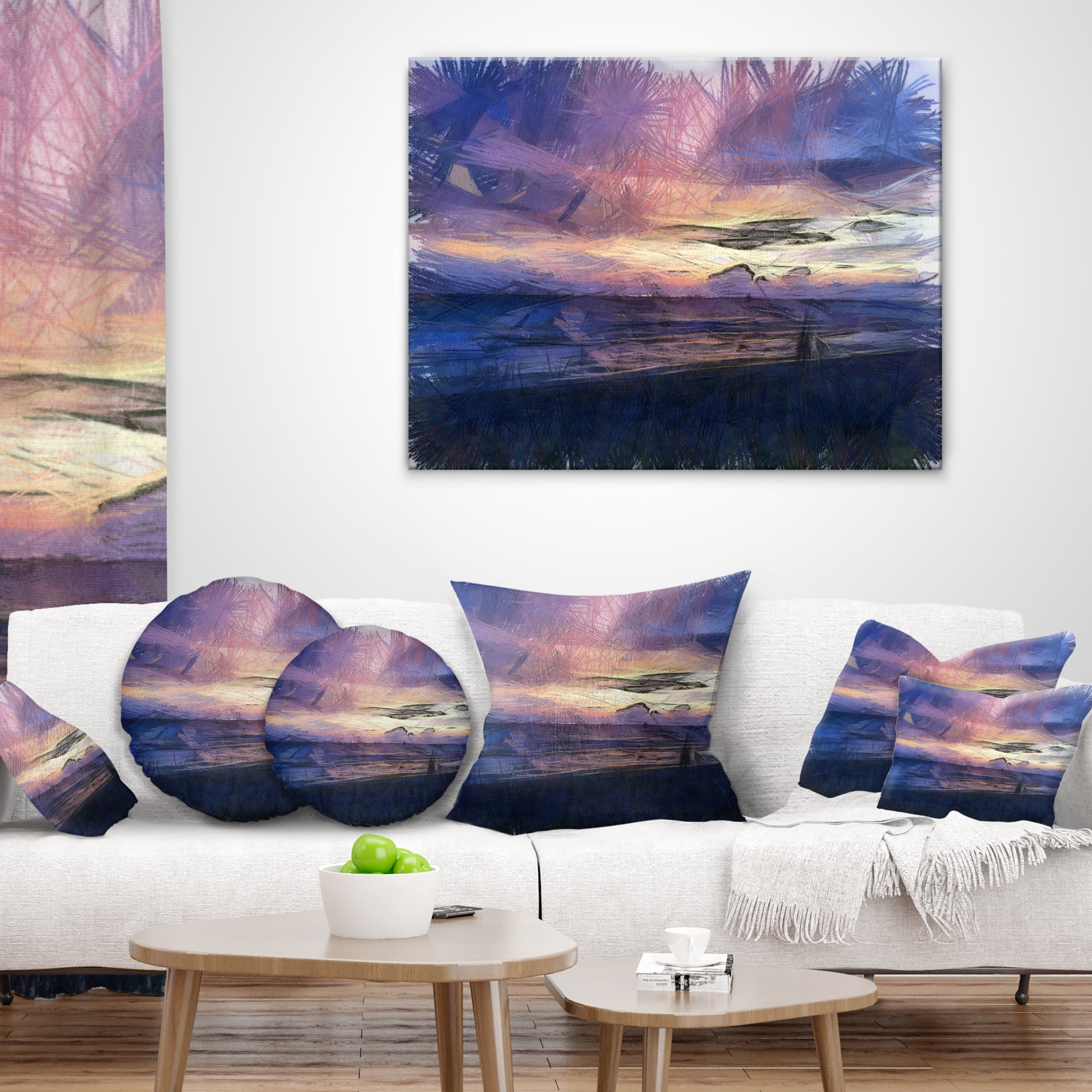 Designart Sunset over Blue Sea Watercolor - Landscape Printed Throw Pillow - 12x20