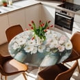 thumbnail image 2 of Retro White Pink Camellia Elastic Fitted Round Table Cover Wood Grain Waterproof Outdoor Tablecloth for Holiday Party, Picnic, Patio & Dining Fits Tables Up to 45"-54", 2 of 8