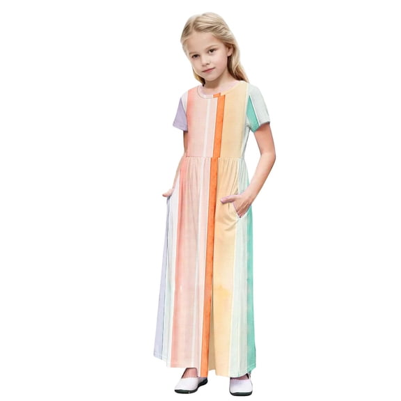 Auroural Summer Dresses For Girls Size 8-10 Kids Girl Cute Print Short Sleeve Stretchy Pocket Dress A Line Long Dress 9 Years