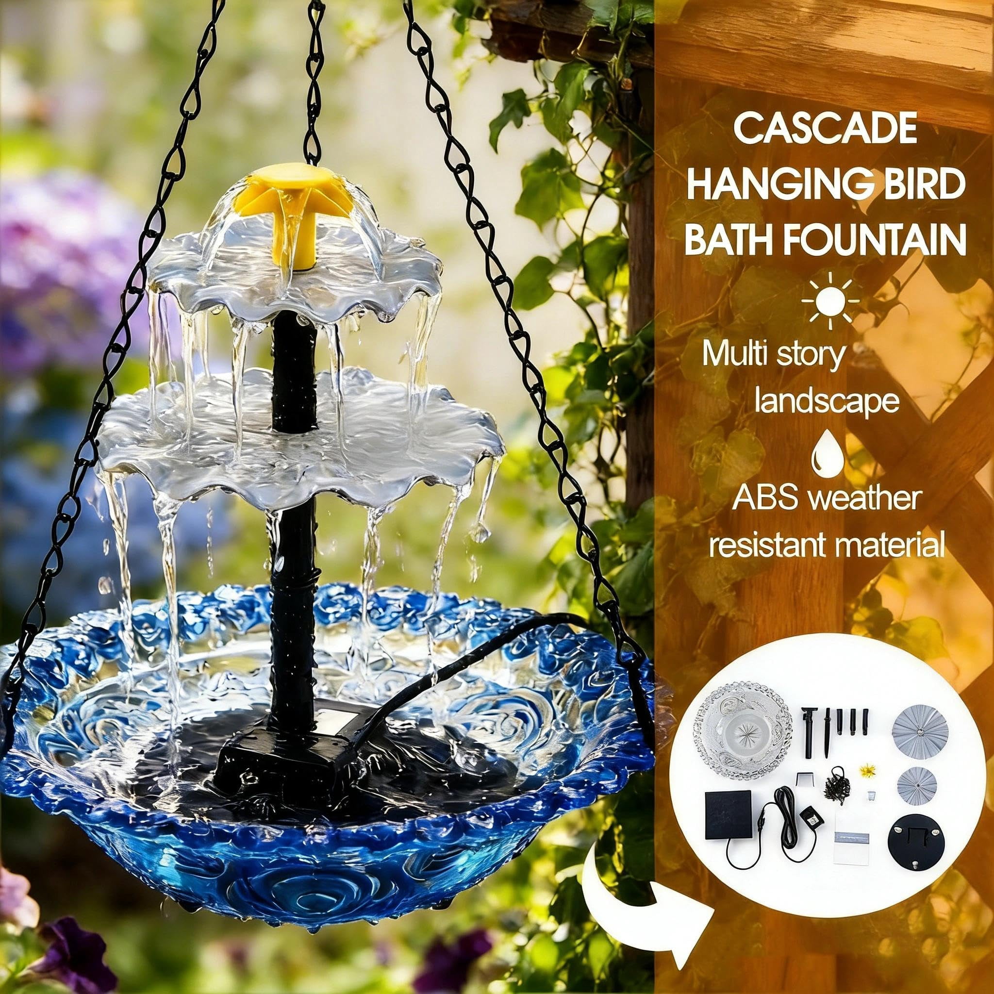 Solar Cascade Hanging Bird Bath Fountain, Creative Designs, Outdoor Decorations, Garden Gifts, Large Humming Birds Bath Fountain